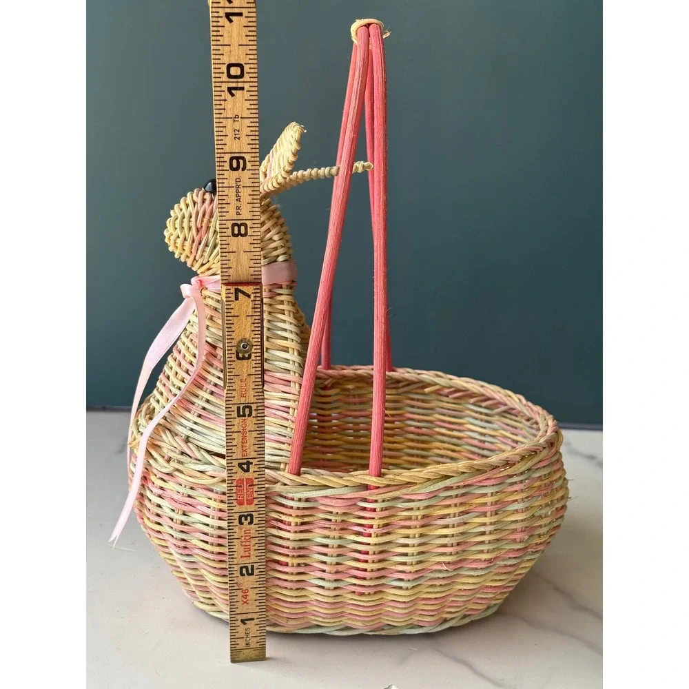 Vintage Pastel Wicker Bunny Easter Basket Pink Yellow Green Woven Rabbit Decor